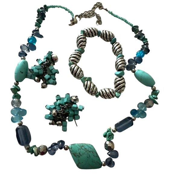 Boho Turquoise Blue Necklace Earrings Bracelet 3 Piece Lot Southwestern Colorful - Picture 1 of 4